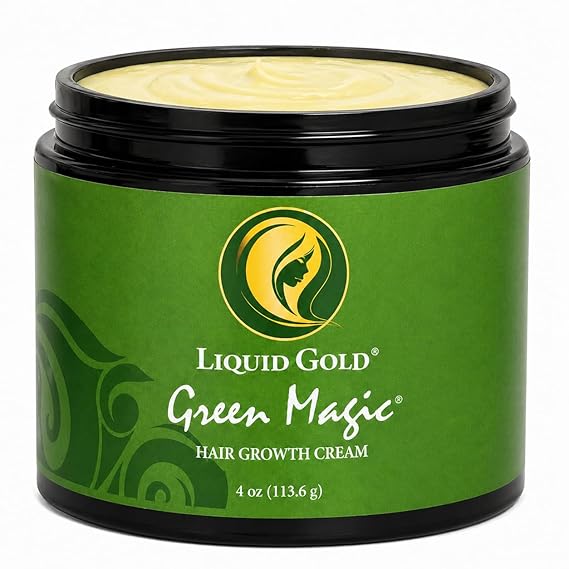 Liquid Gold Green Magic Hair Growth Cream Hair Regrowth Treatment for Thinning Hair, Bald Spots & Edges | Sulfur Herbal Formula for Faster, Thicker Growth (4 oz)