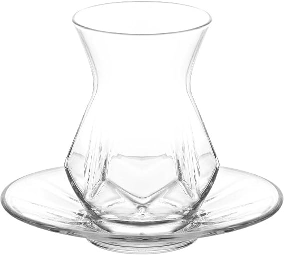 LAV Turkish Tea Set, Alya Tea Set, Turkish Teacups and Plates, Clear Glasses and Saucers, Special Design Turkish Tea Glasses with Coasters, 12 Pcs, 5.5 Oz (165 cc) (12 Pcs)