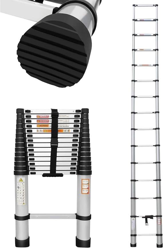 Telescoping Ladders, EN131 Standards Multi-Purpose Folding Aluminum Extension Ladder, Compact Collapsible Ladder with Non-Slip Foot Cover& Locking Mechanism(14.4ft/4.4M)