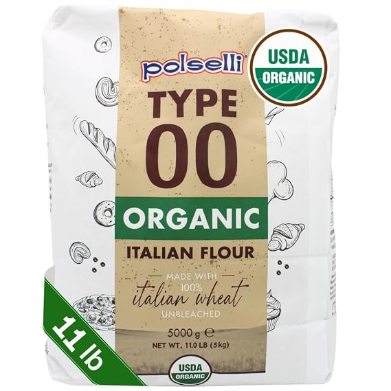 POLSELLI Organic Flour, Italian Tipo 00, Unbleached Flour,11 lb (5 kg) | Double Zero Flour, 100% Italian Wheat flour for Pizza, Pasta & Bread, Unbromated, No Additives, No Enzymes Added