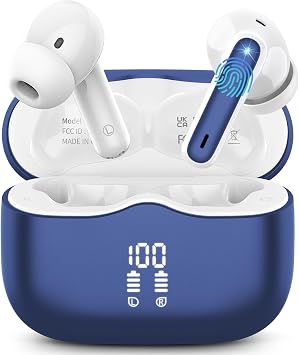 Wireless Earbuds, Bluetooth 5.4 Headphones in Ear with HiFi Stereo Deep Bass, 4 ENC Noise Cancelling Mic Wireless Earphones 40H Playtime, Bluetooth Earbuds Dual LED Display, IP7 Waterproof, Blue