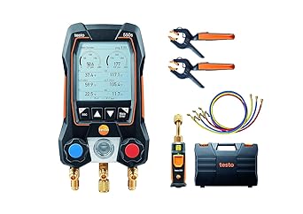 testo 550s AC Manifold Gauge Set Manifold Gauges HVAC Incl. 2x 115i Pipe Clamp, 1x 552i Micron Gauge, Set of 3 Hoses Recharge Kit For AC, Refrigeration & Heat Pumps Bluetooth