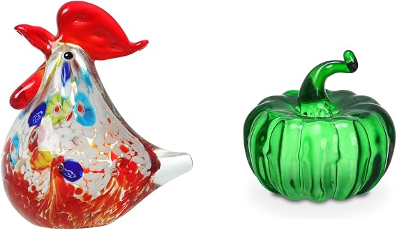 Glass Rooster and Pumpkin Decor