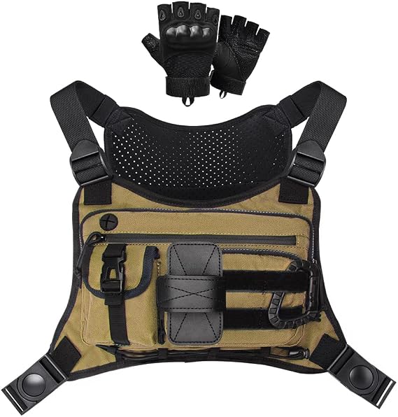 Outdoor Sports Chest pack for men with Gloves, EDC Chest bag for Travel, Lightweight Chest Rig Pouch, Tactical Running Chest Vest for Hiking, Cycling, Fitness, Motorcycle Riding, Workouts