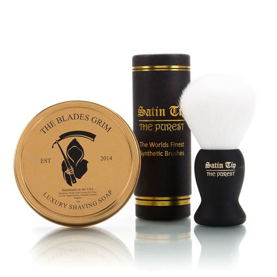The Blades Grim & Satin Tip White Synthetic Shave Brush & Smolder Soap Kit