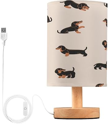 Cute Dachshund Dog Bedside Table Lamp for Bedroom Nightstand, Small Eye Care LED Desk Reading Lamp USB Port Wood Base Round Flaxen Fabric Shade for for Kids Room Living Room Office Desk