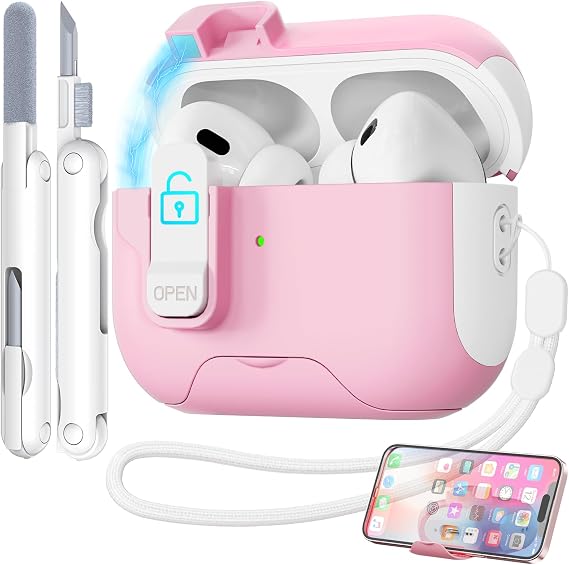 for AirPods Pro 2 Case with Safety Lock & Phone Stand, Auto Opening AirPods Pro Case Cover Compatible with Airpods Pro 2nd/1st Generation Cases for Women Girly with Cleaner,Lanyard, Drop Protective