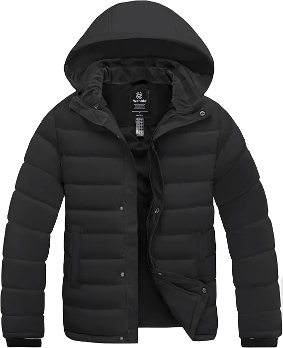 wantdo Men's Quilted Puffer Jacket Hooded Winter Jacket Warm Puffer Coat | Removable Hood, 10000mm Waterproof, Recycled Fabric, 3 Pockets, Elastic Cuffs, Sturdy Zipper, In Light Rain