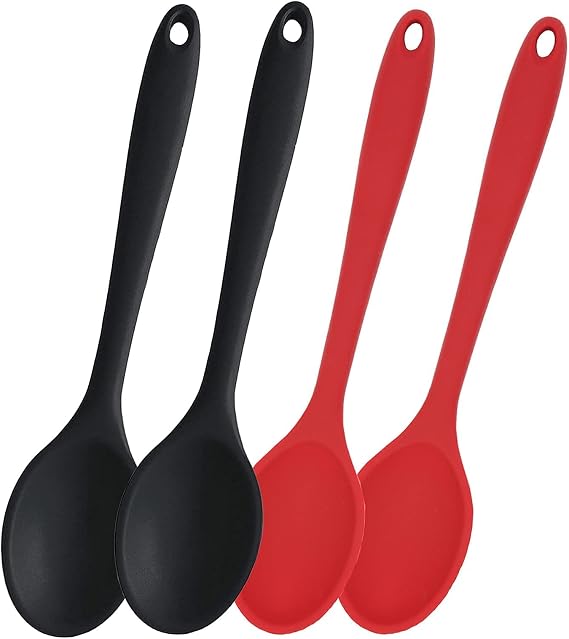 4 Pcs Silicone Spoons for Cooking Heat Resistant, Hygienic Design Cooking Utensi Mixing Spoons for Kitchen Cooking Baking Stirring Mixing Tools(Black and Red)
