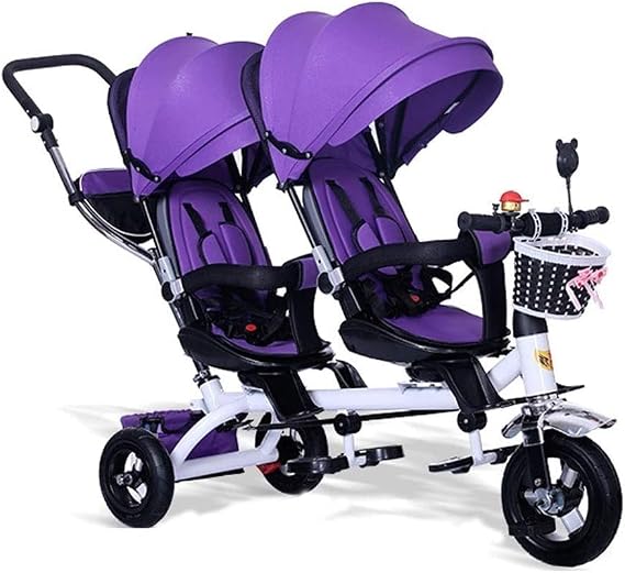 Four-in-one Twin Tricycle for Children, Two-Seater Pedal Bicycle, Stroller with Sunshade, Two-Way Rotating Seat/Removable Rear Push Handle/Retractable Pedals