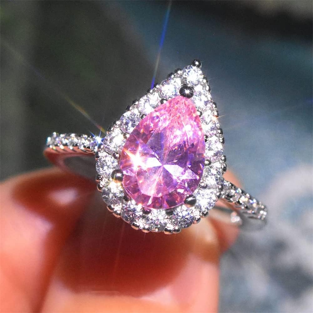 Fashion 925 Sterling Silver Womens Ring Shiny Pink Crystal Gemstone Princess Ring Vintage Drop Topaz Zircon Ring Engagement Wedding Anniversary Ring Promise Cocktail Party Open Ring F032 Pink