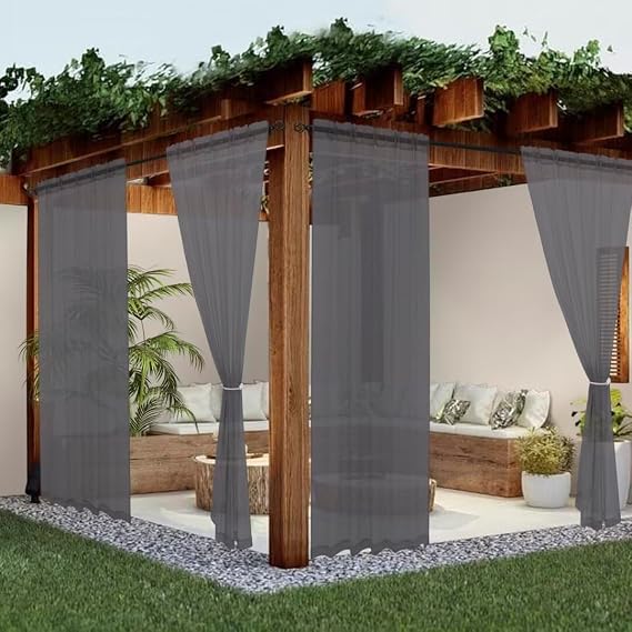 youleyar Sheer Outdoor Curtains for Patio Waterproof 4 Panels Linen Look Rod Pocket Indoor Grey Voile Curtain for Living Room, Bedroom, Porch, Pergola, Cabana, Gazebo(52x84 Inch, Dark Gray)