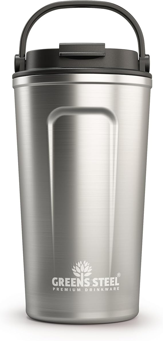 Greens Steel Reusable Coffee Cup - 480 ml (16 oz) Silver | Travel Mug with Lid & Handle | Stainless Steel Insulated Flask for Hot & Cold Drinks | Leak Proof Tumbler for Tea, Coffee, Iced Drinks