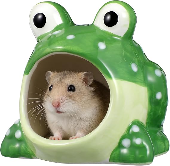 ULTECHNOVO Ceramic Hamster Hideout Frog Shape, Cooling Hide House for Hamsters Gerbils and Mice, Small Animal Nest for Habitat Enrichment and Summer Heat Relief, Green, 4.33X4.33X3.94In