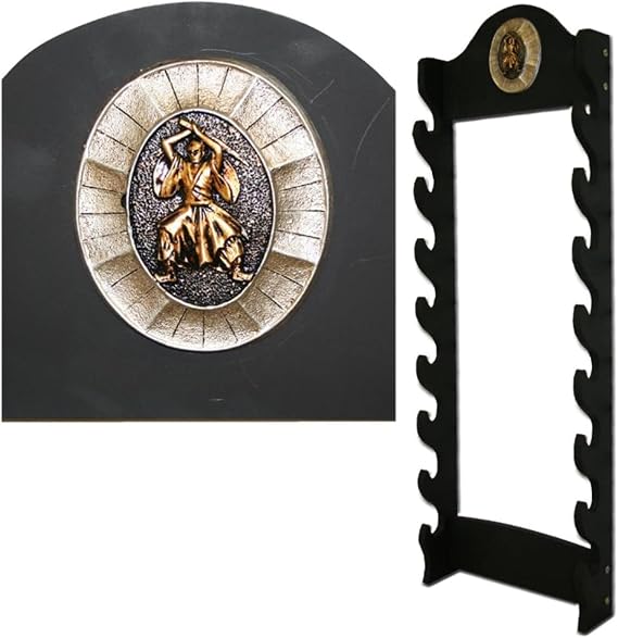 MedievalDepot Deluxe Eight Tier Wooden Sword Wall Display - Overall 36" Black Finish - Golden Dragon Accent