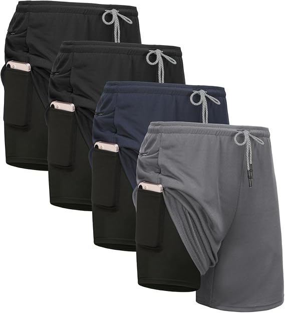 Athletic Shorts for Men 4 Pack 2 in 1 Athletic Running Shorts Quick Dry Workout Gym Compression Shorts with Pockets