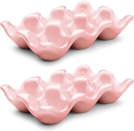 Flexzion Ceramic Egg Holder for Fridge, 12 Cup Porcelain Egg Tray, Pink