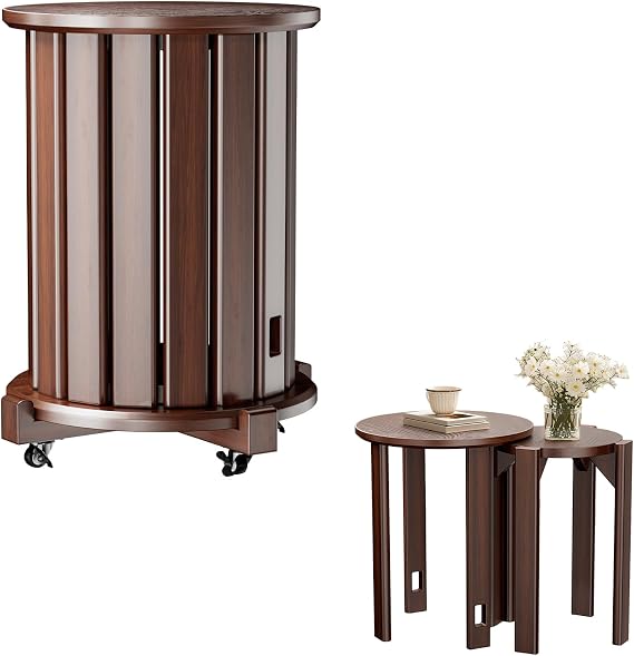 Round Stackable Stools Set of 4, Wooden Nesting Chairs on Wheels, No Assembly Required Round Stacking Stool for Kitchen, Living Room, Bar, Dorm (Brown)