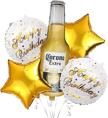 5pcs Corona Beer Mug Themed Birthday Party Decoration for man, Cheers Balloon Gold Star Aluminum Foil Balloon for Birthday Baby Shower Happy Bday Party Decoration Supplies