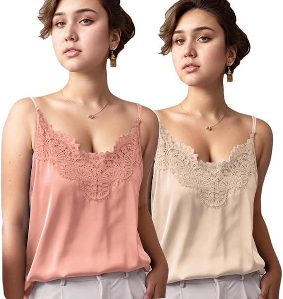 Silk Camisole Tops for Women Satin Cami Adjustable Strap Spaghetti Strap Silk Tank Tops Office Wear Satin Lace Trim Cami