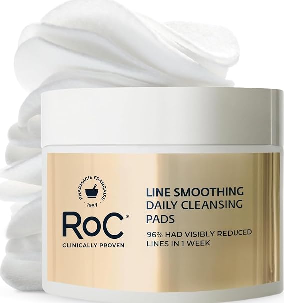 RoC Resurfacing Disks, Line Smoothing Exfoliating Makeup Remover Pads 28 CT | Disks for wrinkles and skin tone, self-foaming exfoliating face pads with glycerin, textured + smooth sides, non-comedogenic