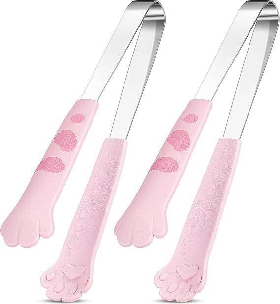 Patelai 2 Pieces Cat Paw Tongs 7 Inch Stainless Steel Tiny Tongs Cute Kitchen Accessories Mini Food Cat Kitchenware Kawaii Kitchen Decoration for Snack Cooking BBQ Grilling Sweets (Pink)