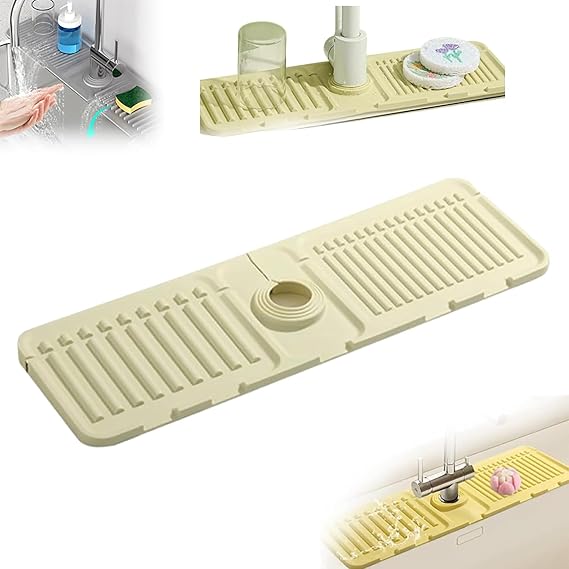 Faucet Mat for Kitchen Sink, 2024 Upgrade Kitchen Sink Splash Guard Silicone Draining Mat with Fast Drying, Dish Soap Sponge Holder Tray Protective Sink Tray for Kitchen & Bathroom (Beige)