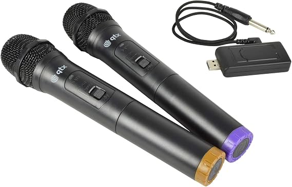 QTX | Two Wireless Handheld Microphones With Portable USB Powered Receiver | Ultra High Frequency For Minimal Interference