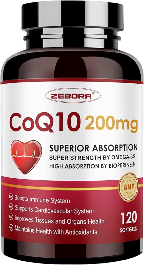 ZEBORA CoQ10 200mg Softgels, 120 Servings | With PQQ, BioPerine & Omega-3, Ubiquinone, High-Absorption, Powerful-Antioxidant, Support Heart & Energy-Production