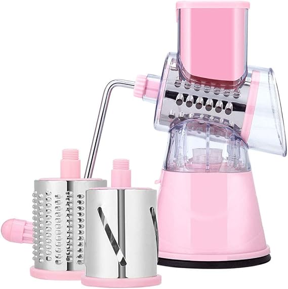 Multifunction Rotary Cheese Grater, Detachable Round Mandoline Slicer Grinder, 3-Blades Manual Vegetable Cutter, Rotary Drum Grater with Suction Cup
