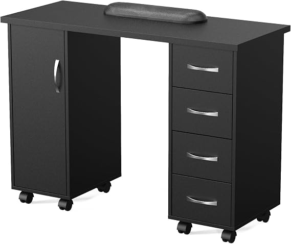 LEADZM Manicure Table Nail Desk w/Cabinet, Drawers, Wheels & Arm Rest, Spa Salon Beauty Home Wooden Technician Workstation Nail Art Equipment for Nail Tech, 43.3" L x 31.5" H x 17.7" W (Black)