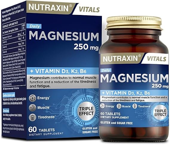 Nutraxin Magnesium Daily 250 mg | Magnezyum, D3K2 ve B6 Vitaminli | Şeker ve Gluten İçermez | 60 Tablet