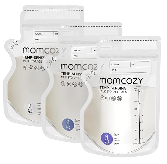 Momcozy 8oz Breastmilk Storage Bags,Temp-Sensing & Pour Spout,120 Count | Temp-Sensing Color Change, Milk Bags with Pour Spout, Self Standing,No Leak Presterilized
