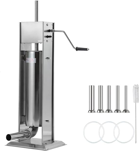 Manual Sausage Stuffer 7L/15Lbs Capacity Stainless Steel Sausage Maker Machine w/ 5 different size funnels for Commercial and Home Use