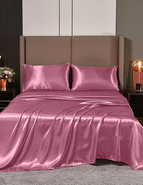 100% Pure Silk Satin Sheet Set 4pcs, Silk 24'' Deep Pocket Mattress fit,Silk Pillowcases Set Cool Soft Silk Sheets|Wrinkle Free Fade Resistant (Twin XL Dusty Pink)