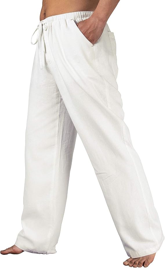 Lisskolo Men's Casual Cotton Linen Pants Drawstring Elastic Lightweight
