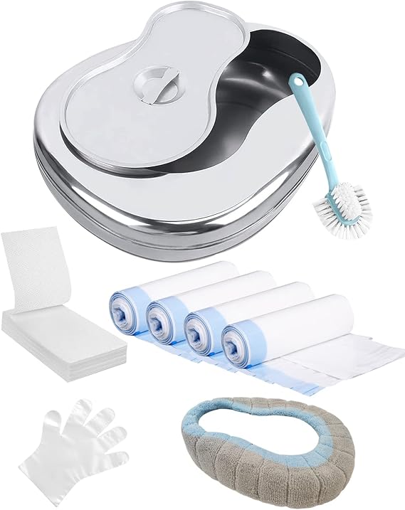 Bed Pan Set Stainless Steel Bed Pans for Elderly Females Men Disabled Bedpan with 60 Liners Disposable and Absorbent Pads Spill Proof Bedpans for Women Large Heavy Duty Bedpan with Lid
