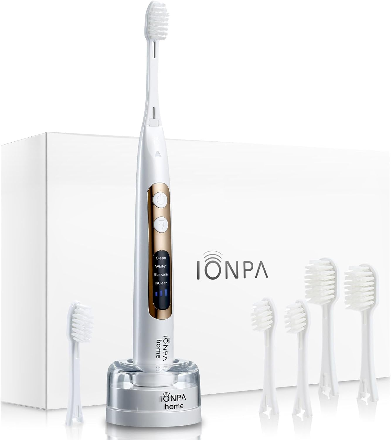 IONIC KISS IONPA DP Pearl White Premium USB Rechargeable Ionic Power Electric Toothbrush, 2×Regular, 2×Wide, 2×Compact Brush Heads, Made in Japan, DP-111 PW