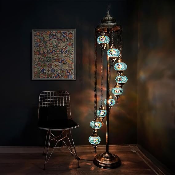 Asylove Turkish Lamp 9 Globe Mosaic Floor Lamp, Mosaic Standing Lamp, Moroccan Lamps Floor Lamp for Decorative Home Designs Offer 5 inch Globe - Total Height 70 inch (Turquoise)