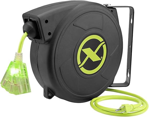Flexzilla Retractable Extension, 143 AWG SJTOW, 50, Grounded Triple Tap Outlet Electric Cord Reel, ZillaGreen, FZ8140503