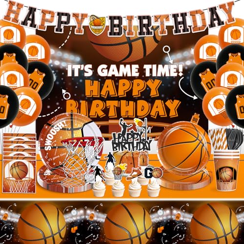 Basketball Party Decorations, with Cake Topper, 25 Serves Disposable Tableware Set, Banner Plates, Napkins, Cup, Balloon, Table Cloth, for Basketball Sports Theme Party Decorations
