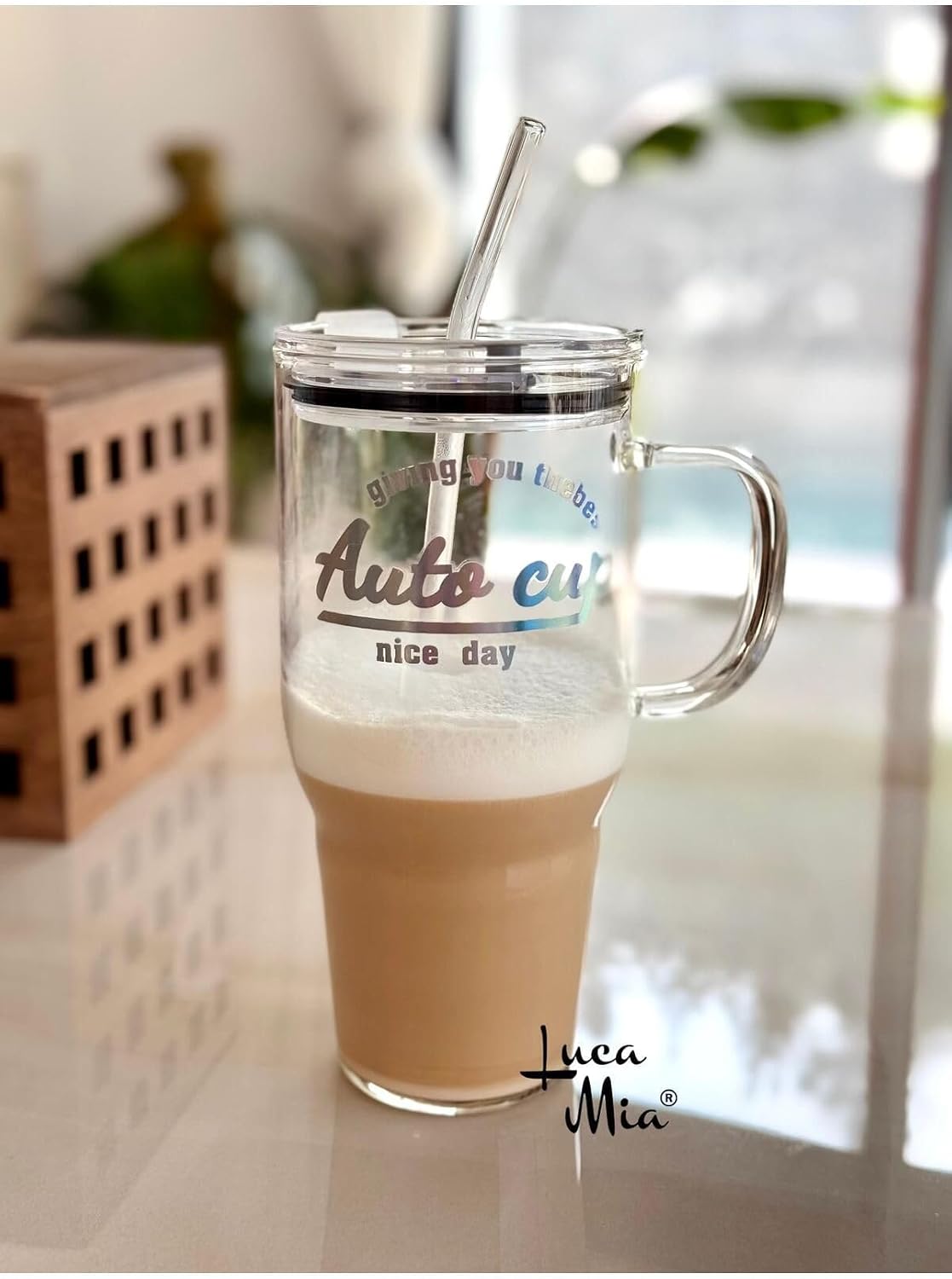 Laletta Mika Kapaklı Cam Pipetli Cam Termos/Bardak 1200 Ml şeffaf