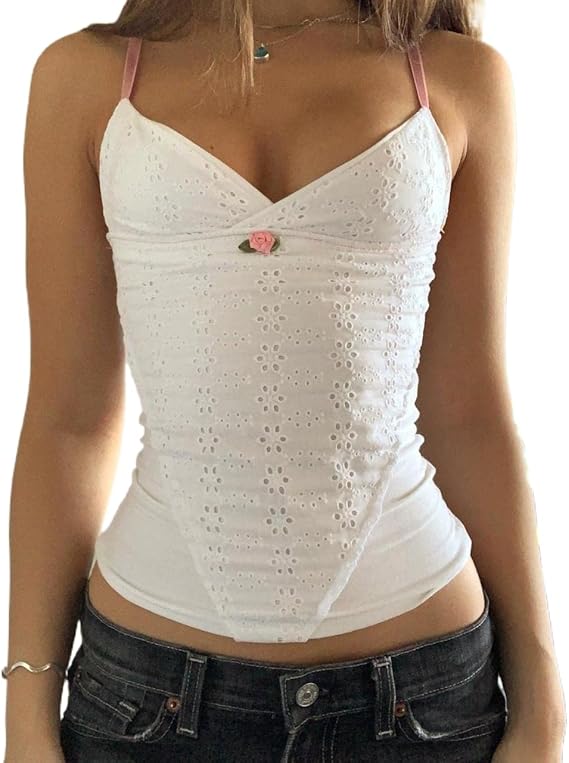 Women Y2k Floral Print Camisole Fairy Cute Lace Trim Spaghetti Strap Crop Top Vintage Summer Vest Tank Top Streetwear