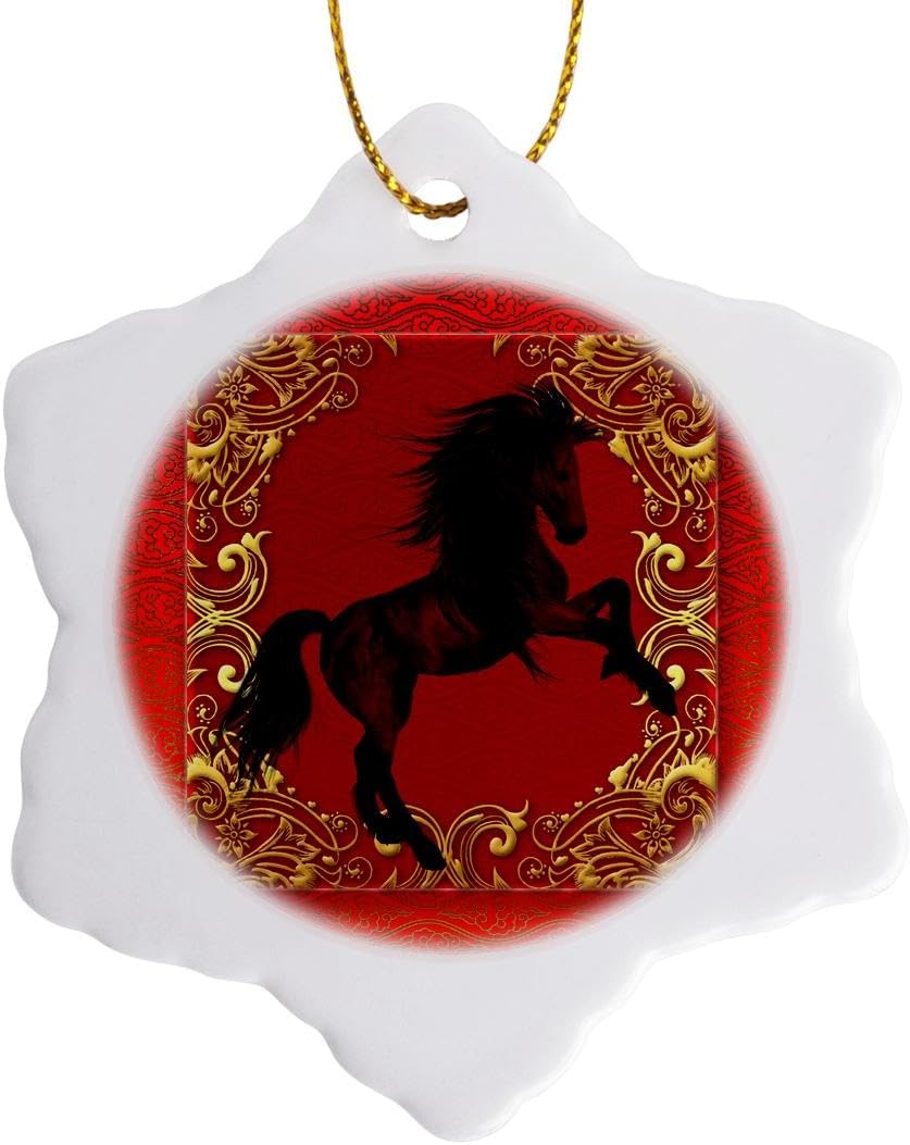 3dRose ORN_101846_1 Chinese Zodiac Year of The Horse Chinese New Year Red, Gold and Black-Snowflake Ornament, Porcelain, 3-Inch