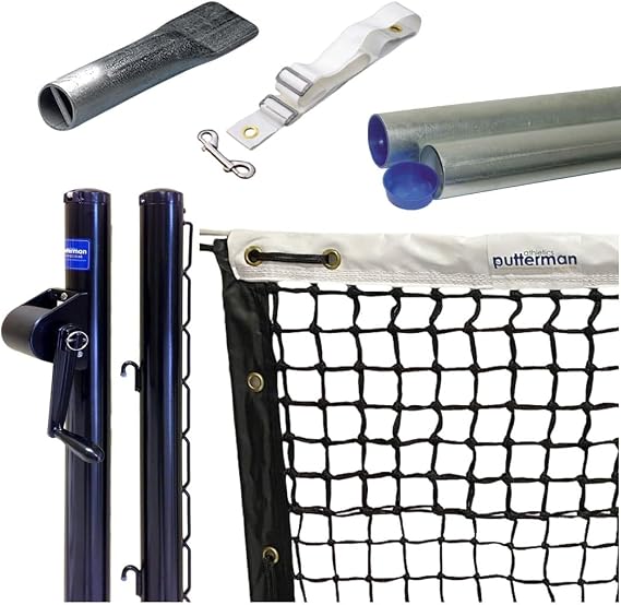 Putterman Tennis Posts Permanent Court Kit 2 7/8 OD, Round, External Wind, Black Optional Ground Sleeves
