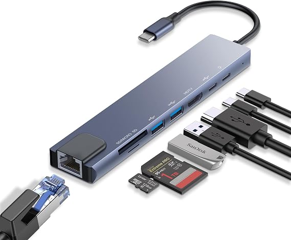 USB C Docking Station Dual Monitor, 8-in-1 USB C HUB Adapter, Triple Monitor for Laptop with 4K HDTV & DP, Single RJ45 Ethernet, USB, PD, SD/TF - Perfect for Laptop Accessories