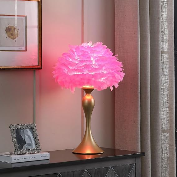 Yozma Hot Pink Feather Lamp, Table Lamp, Accent Lamp, Satin Gold Metal Lighting with Empire Feather Shade, Inline On Off Switch, E26 B10 Bulb Compatible, 110 to 120 V