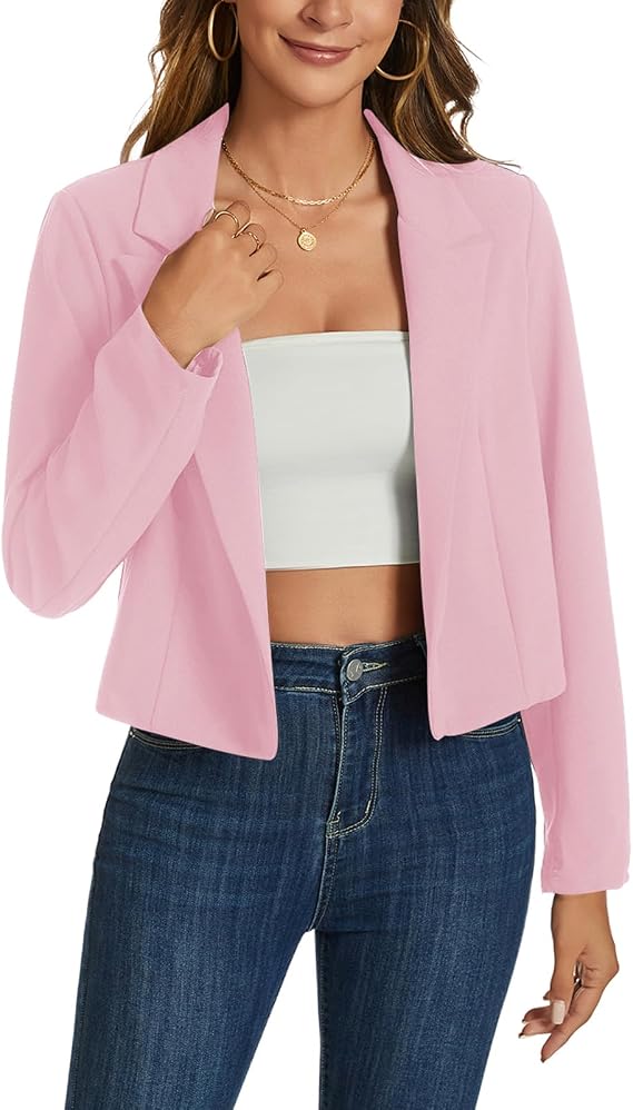 Womens Cropped Blazer Casual Long Sleeve Open Front Short Blazers Lightweight Work Office Jackets, Pink