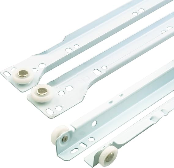 Prime-Line MP7212 Drawer Slide Kit Replace Drawer Track Hardware Self-Closing Design Fits Most Bottom/ Side-Mounted Drawer Systems 19-3/4 In. Steel Tracks, Plastic Wheels, White (1 Pair)