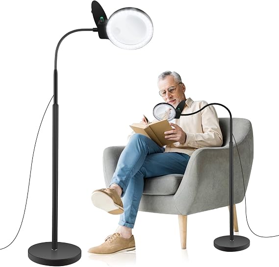 Magnifying Glass with Light and Stand 10X 20X, 36 LED Dimmable Floor Magnifying Lamp, 3-in-1 Adjustable Gooseneck Lighted Magnifier for Reading, Sewing, Crafts, Close Work etc